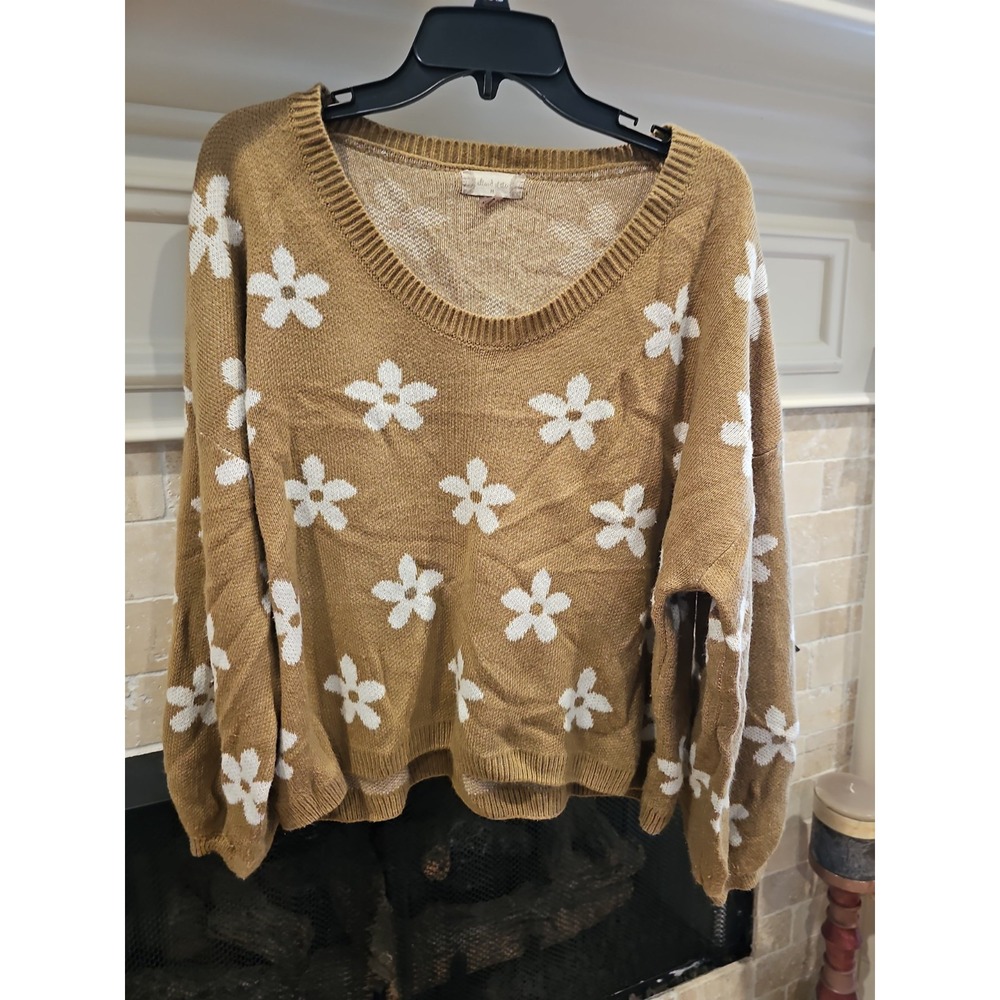 Altar'd State Oversized Brown Floral Sweater Boatneck Pullover Cozy Boho Medium